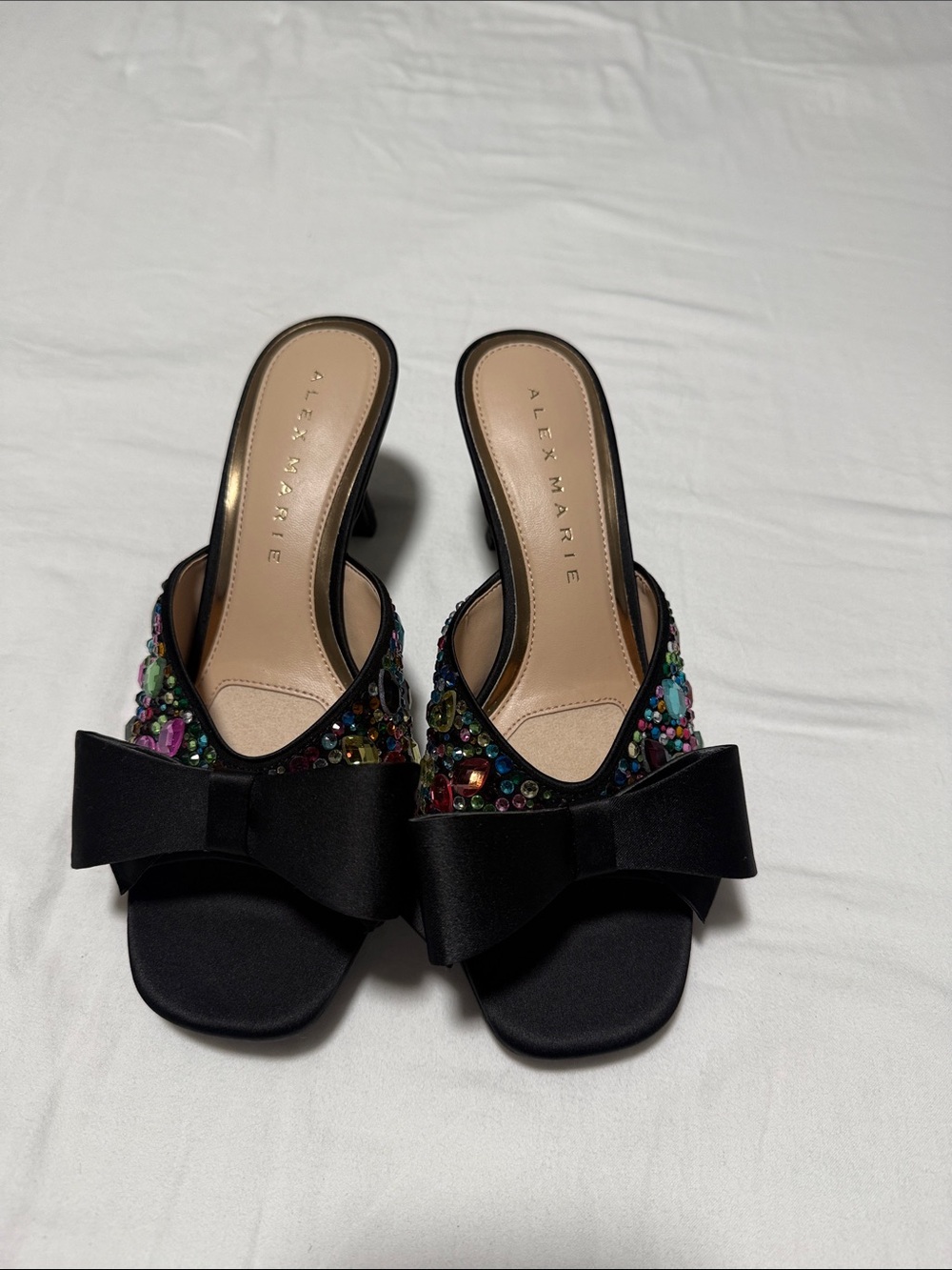 Alex Marie Black Satin Mules with Multicolor Crystal Accents and Bow 6.5M